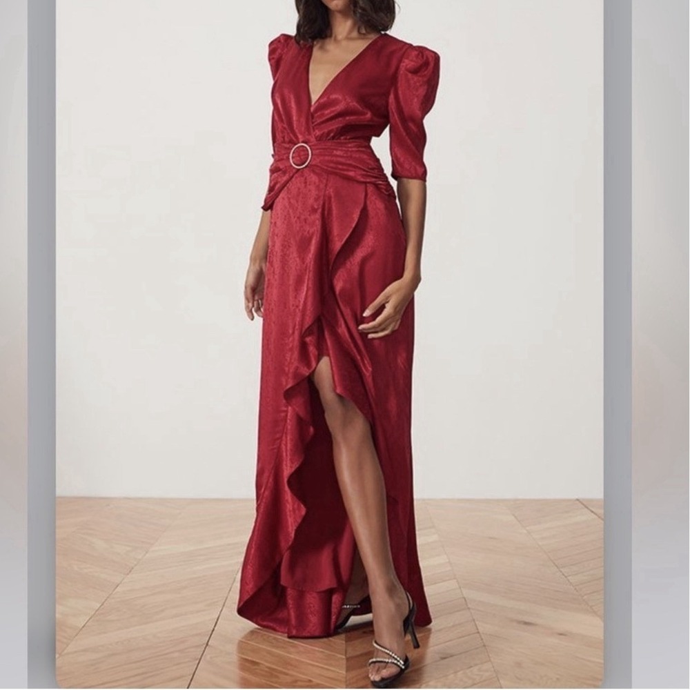 Song of Style Edwin Maxi Dress Cranberry Red Jacquard Puff Sz XS NWT